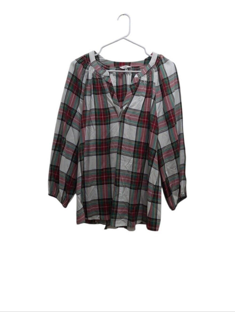 Crown & Ivy XL Tartan Plaid Peasant Blouse Red Green White Rayon Boho Preppy